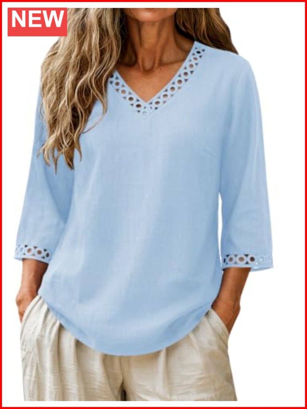 3/4 Sleeve Eyelet Lace V Neck Cotton Linen Tunic Top